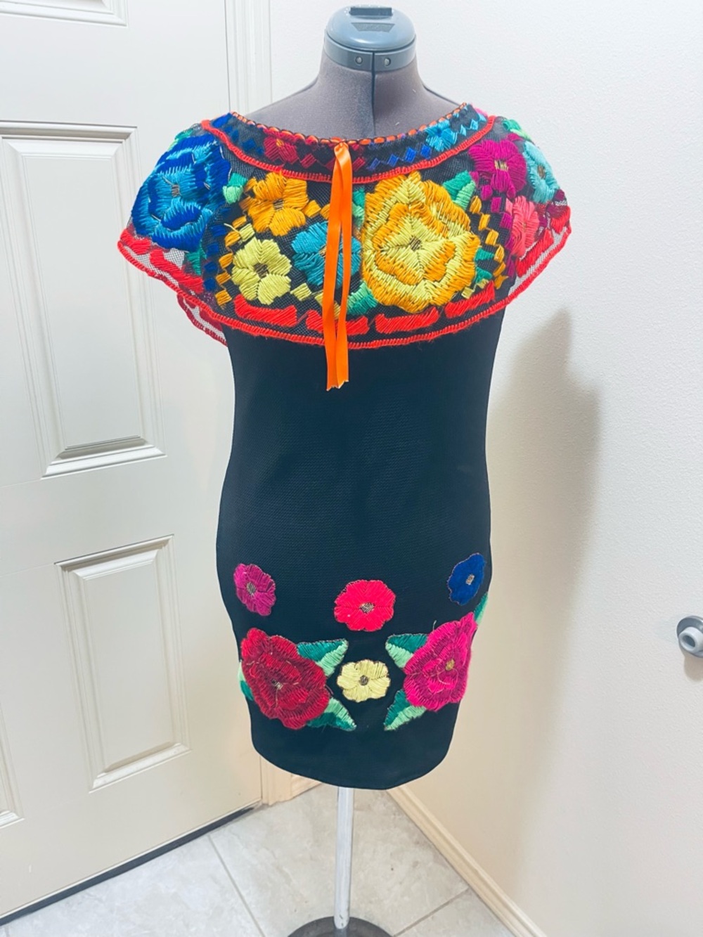 Hand-Embroidered Floral Mexican Dress - Black with Bright Multicolor Flowers